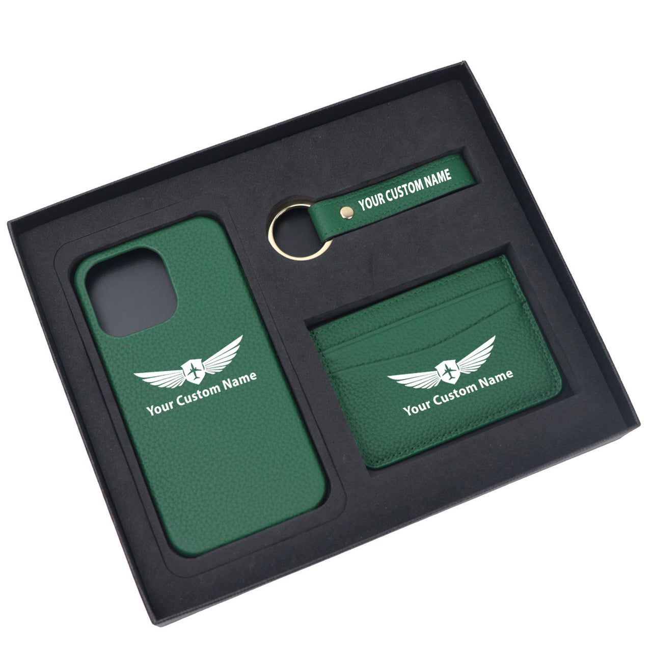 Your Custom Name/Text Design Pebble Leather Phone Case For iPhone Keychain Card Holder Business Gift Set