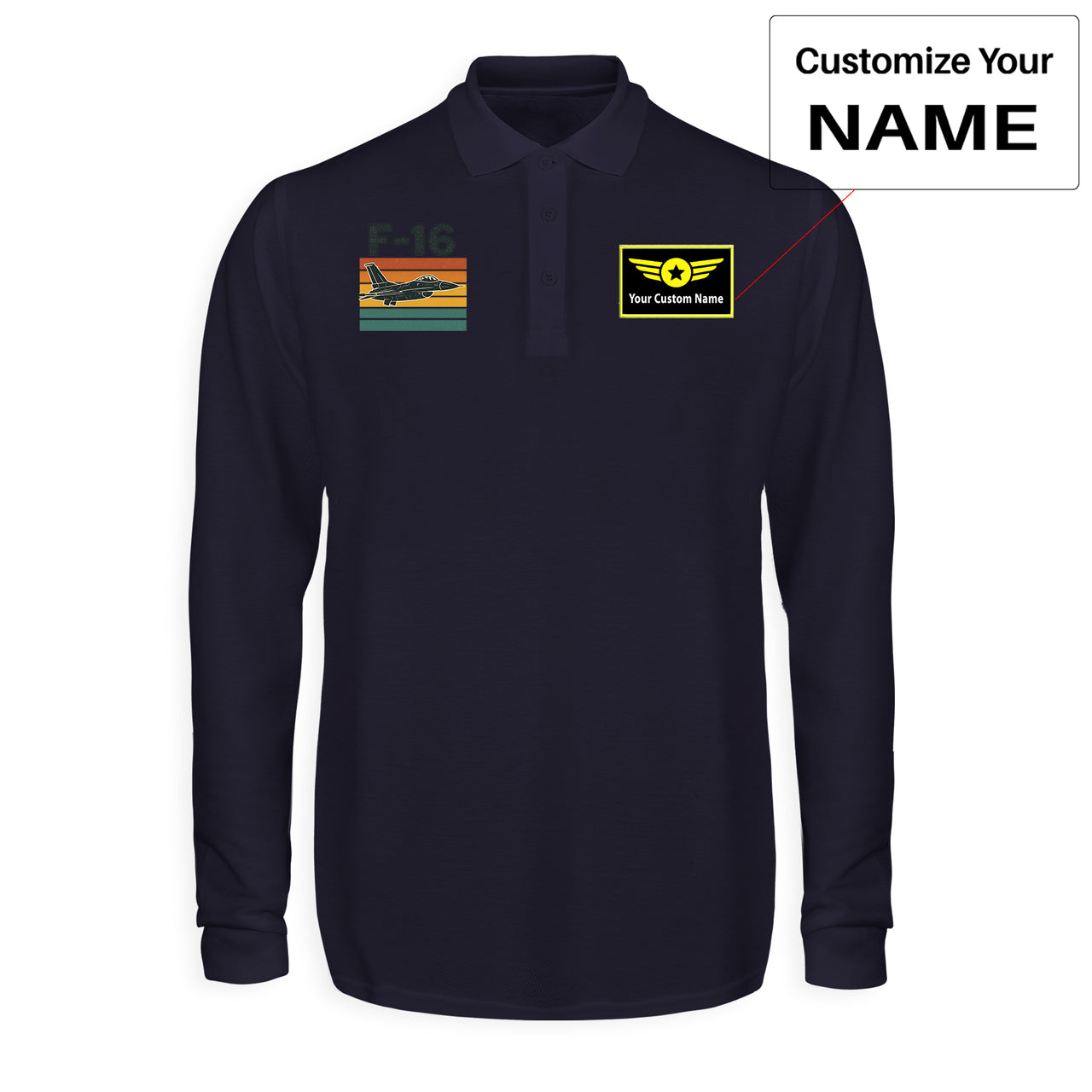 Retro Fighter Jet F16 Designed Long Sleeve Polo T-Shirts