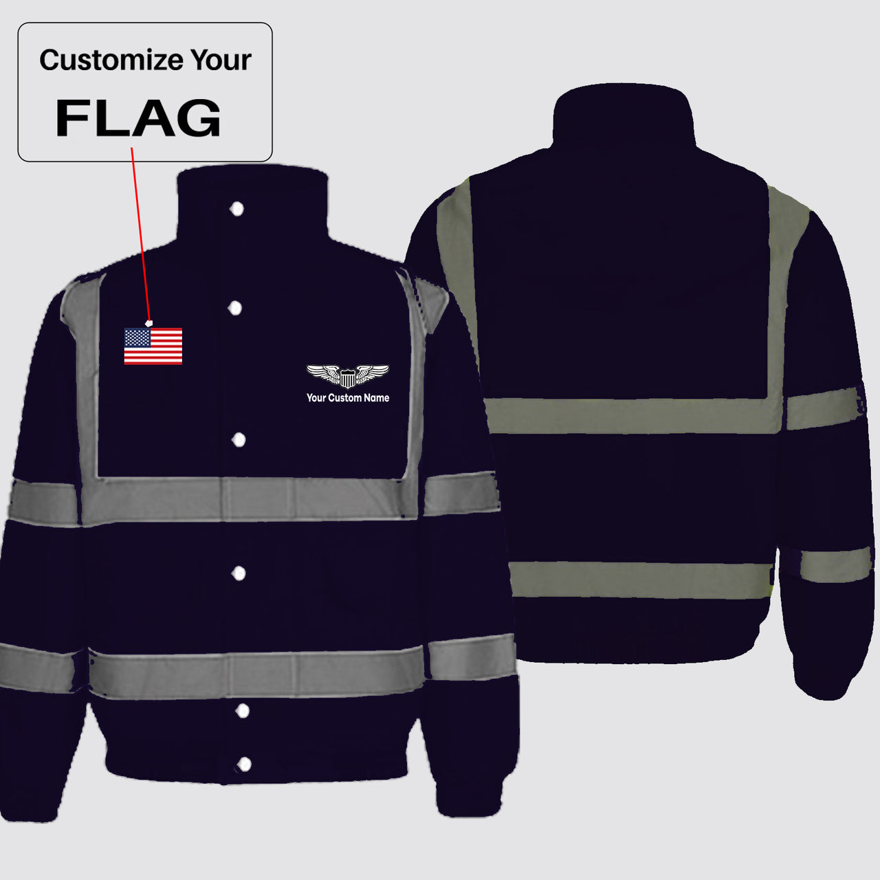 Custom Flag & Name with (Military Badge) Designed Reflective Winter Jackets