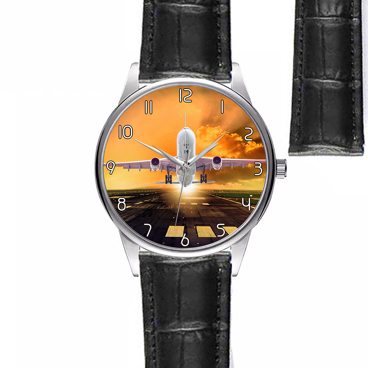 Amazing Departing Aircraft Sunset & Clouds Behind Designed Fashion Leather Strap Watches