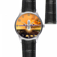Thumbnail for Amazing Departing Aircraft Sunset & Clouds Behind Designed Fashion Leather Strap Watches