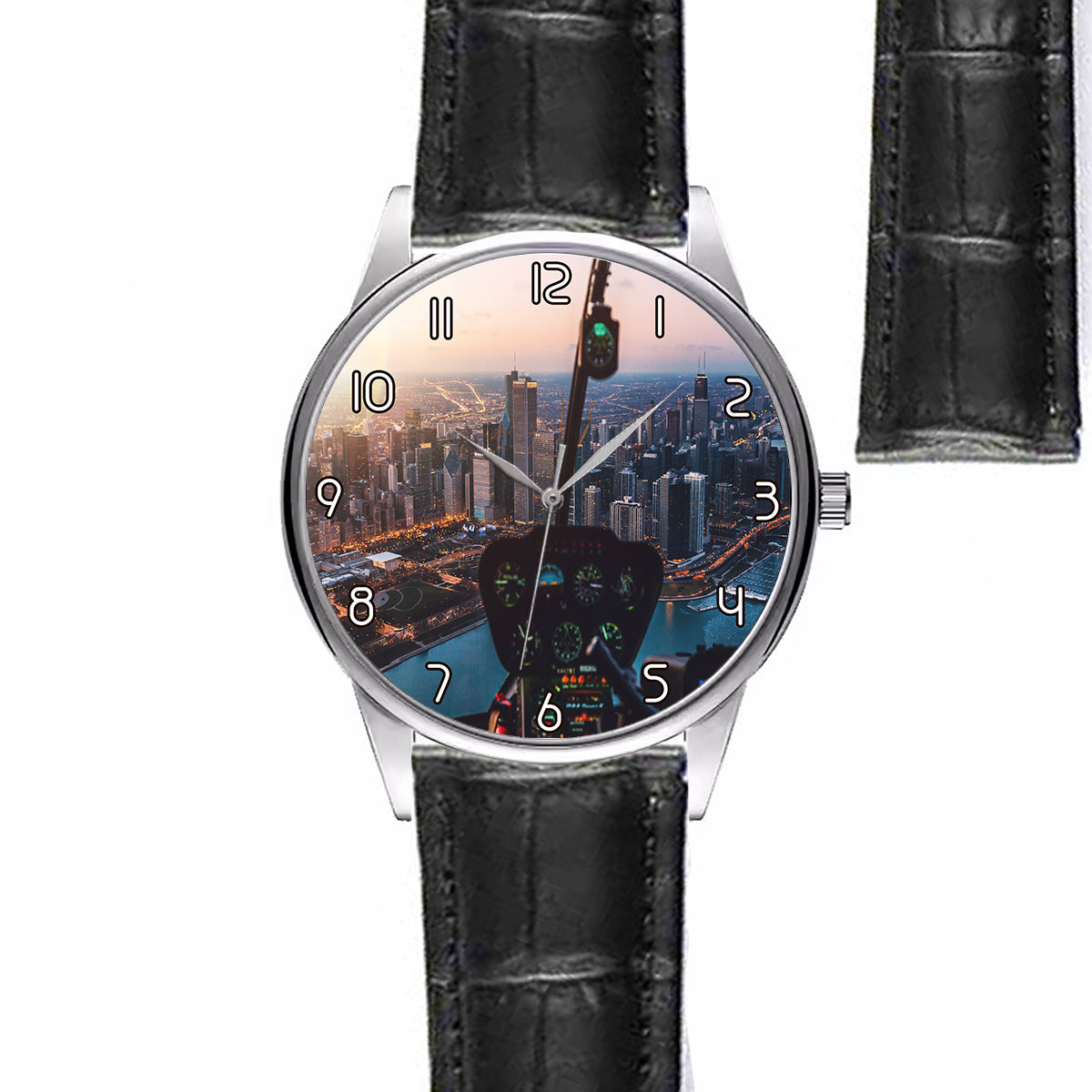 Amazing City View from Helicopter Cockpit Designed Fashion Leather Strap Watches