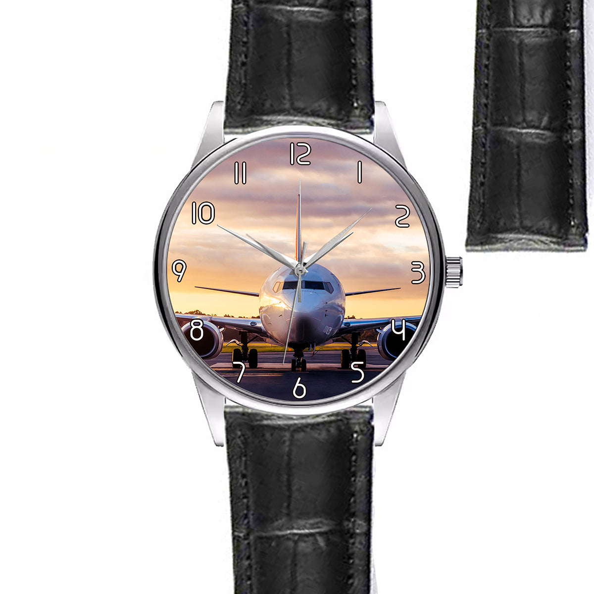 Face to Face with Boeing 737-800 During Sunset Designed Fashion Leather Strap Watches