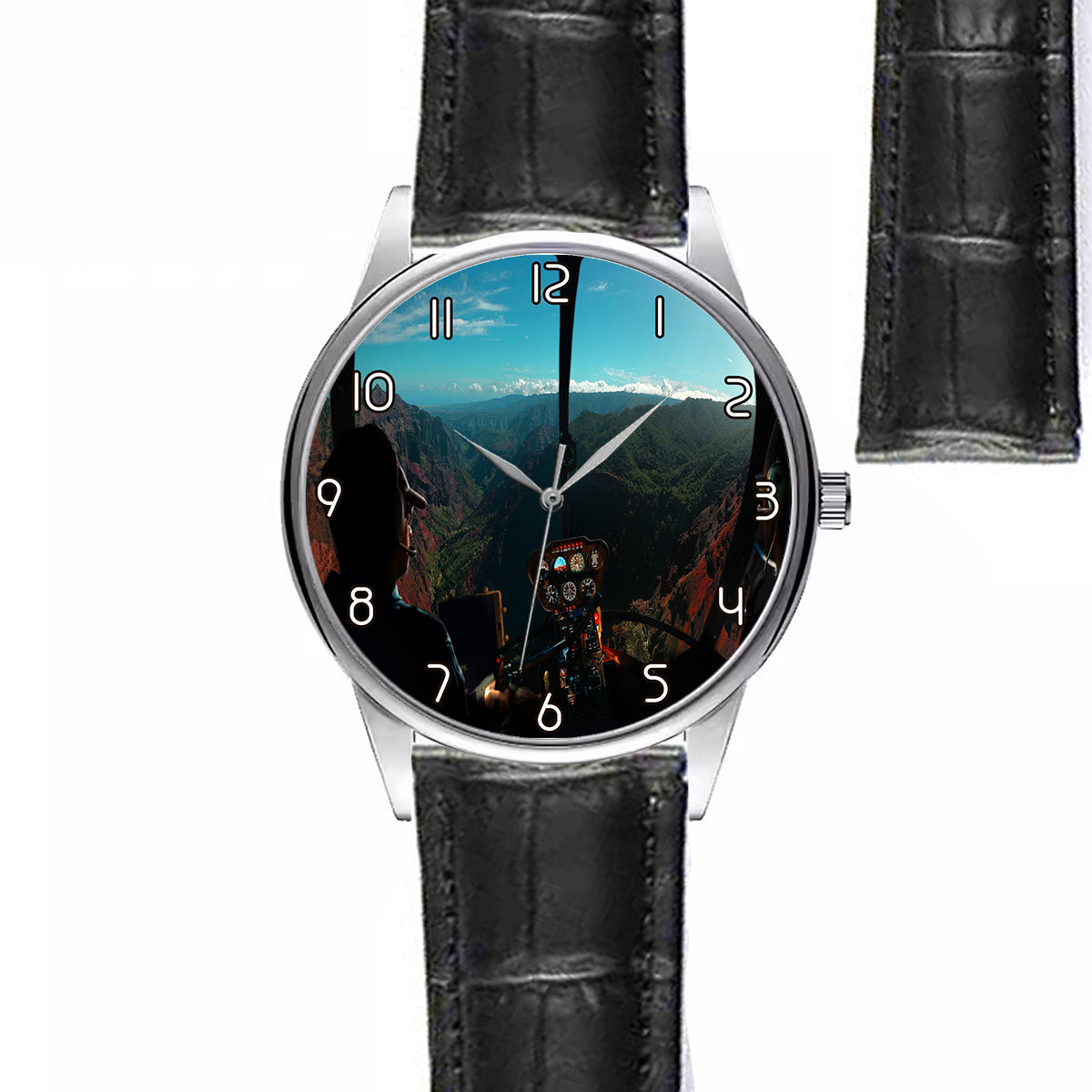 Beautiful Scenary Through Helicopter Cockpit Designed Fashion Leather Strap Watches