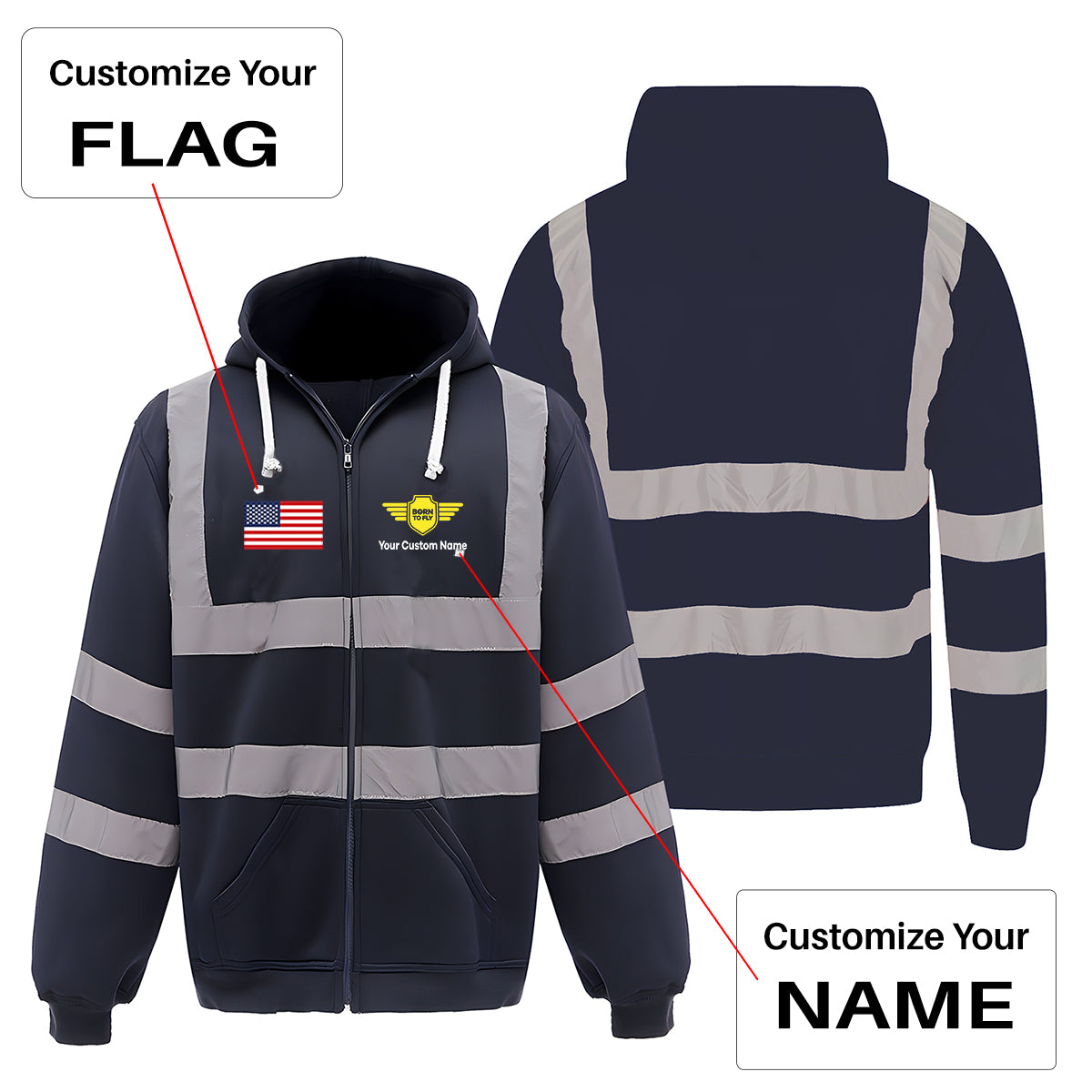 Custom Name (Badge 5) Designed Reflective Zipped Hoodies