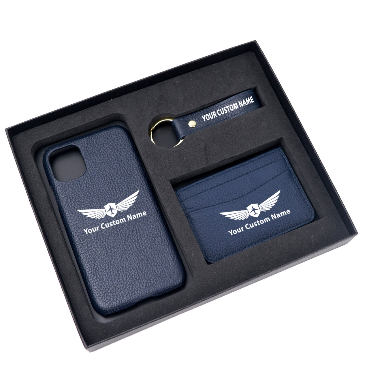 Your Custom Name/Text Design Pebble Leather Phone Case For iPhone Keychain Card Holder Business Gift Set