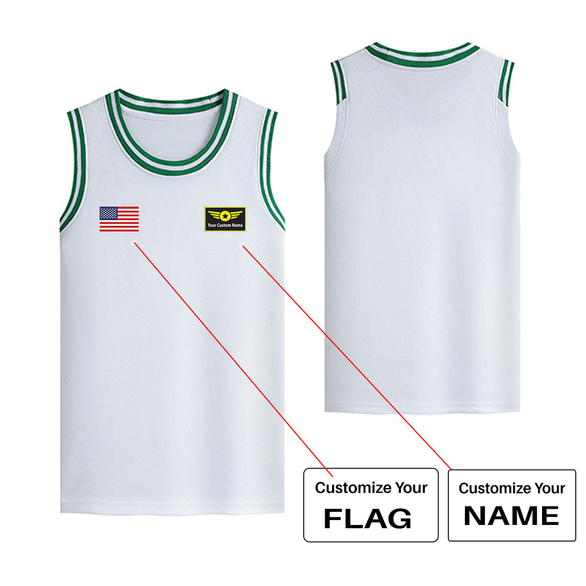 Custom Flag & Name with Special Badge Designed Basketball Style Sports Tank Tops
