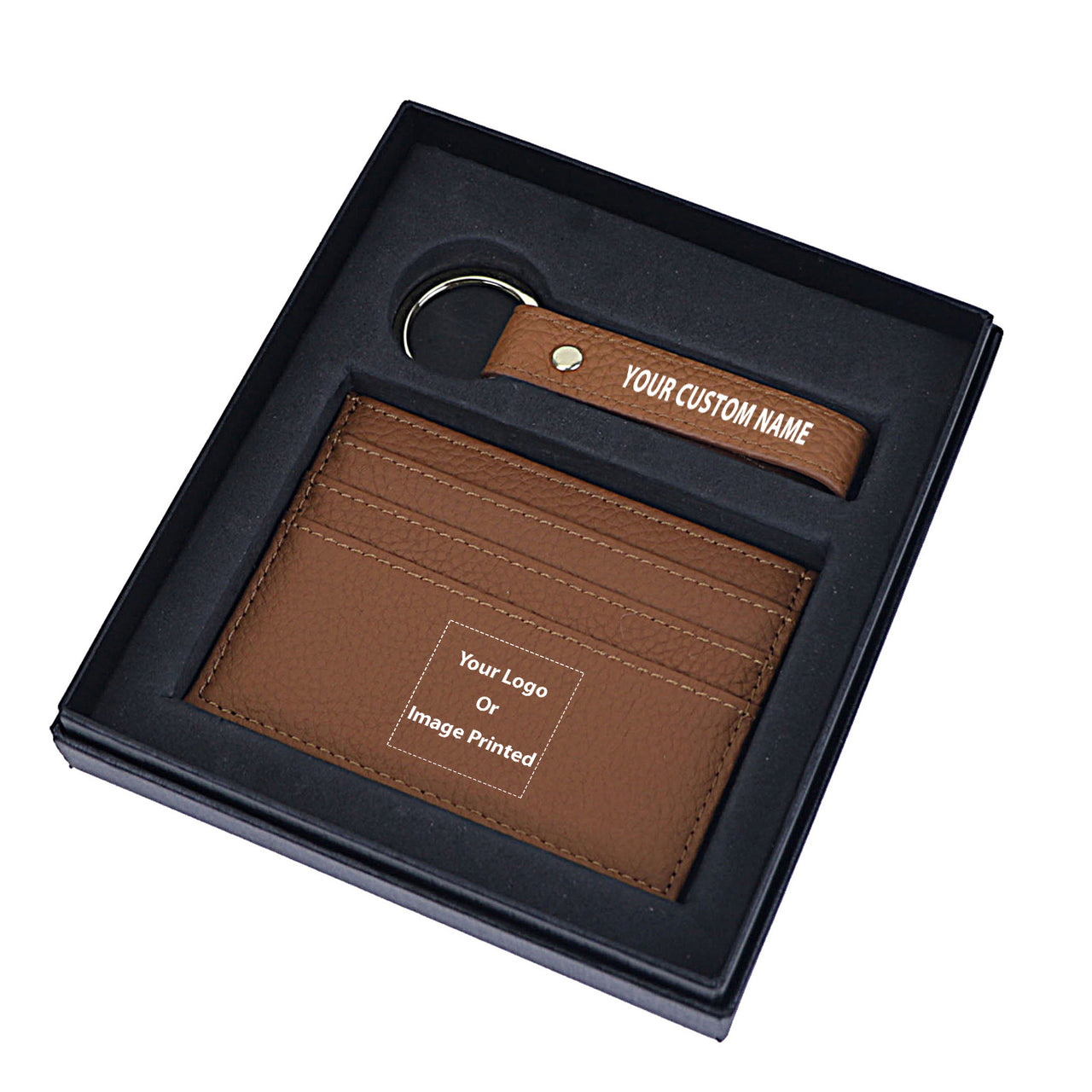 Your Custom Design & Image & Logo & Text Design Genuine Leather Cardholder Key Ring Gift Box Set