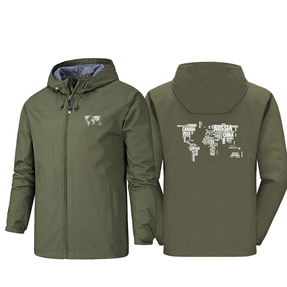 World Map (Text) Designed Rain Jackets & Windbreakers