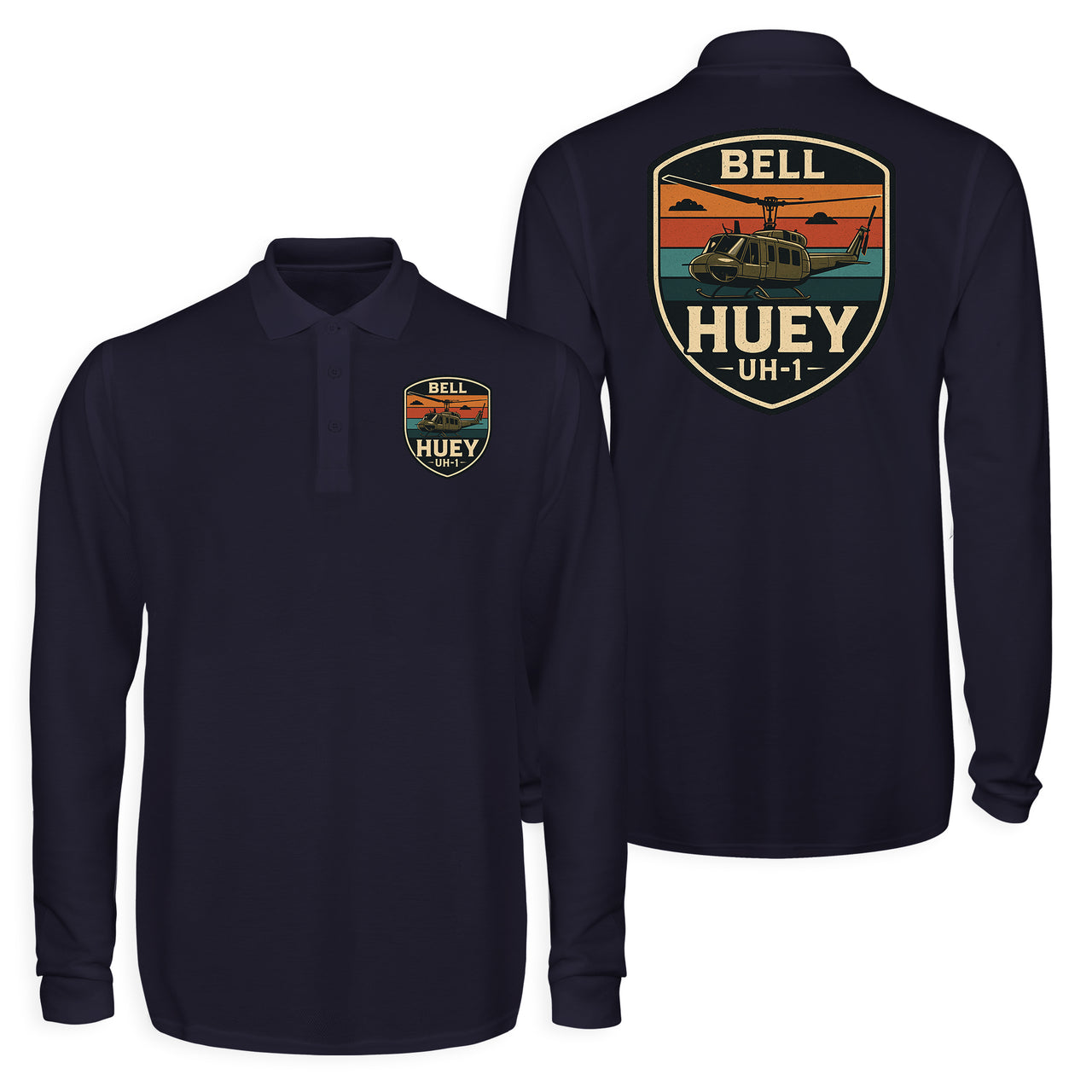 Retro BELL HUEY UH-1 Designed Long Sleeve Polo T-Shirts (Double-Side)