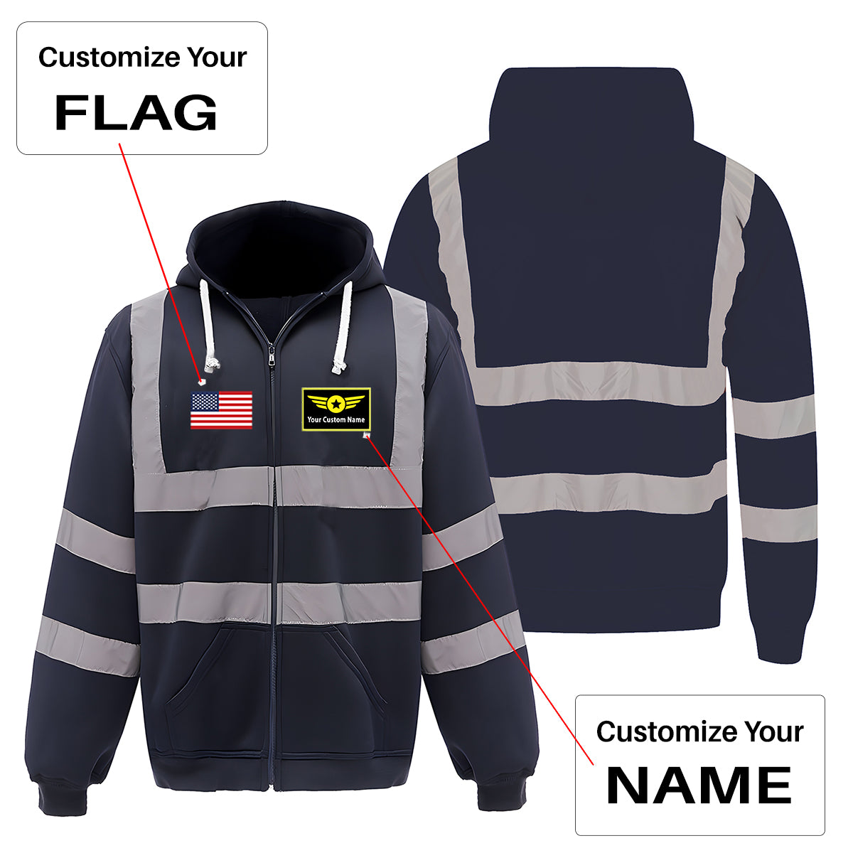 Custom Name (Special Badge) Designed Reflective Zipped Hoodies