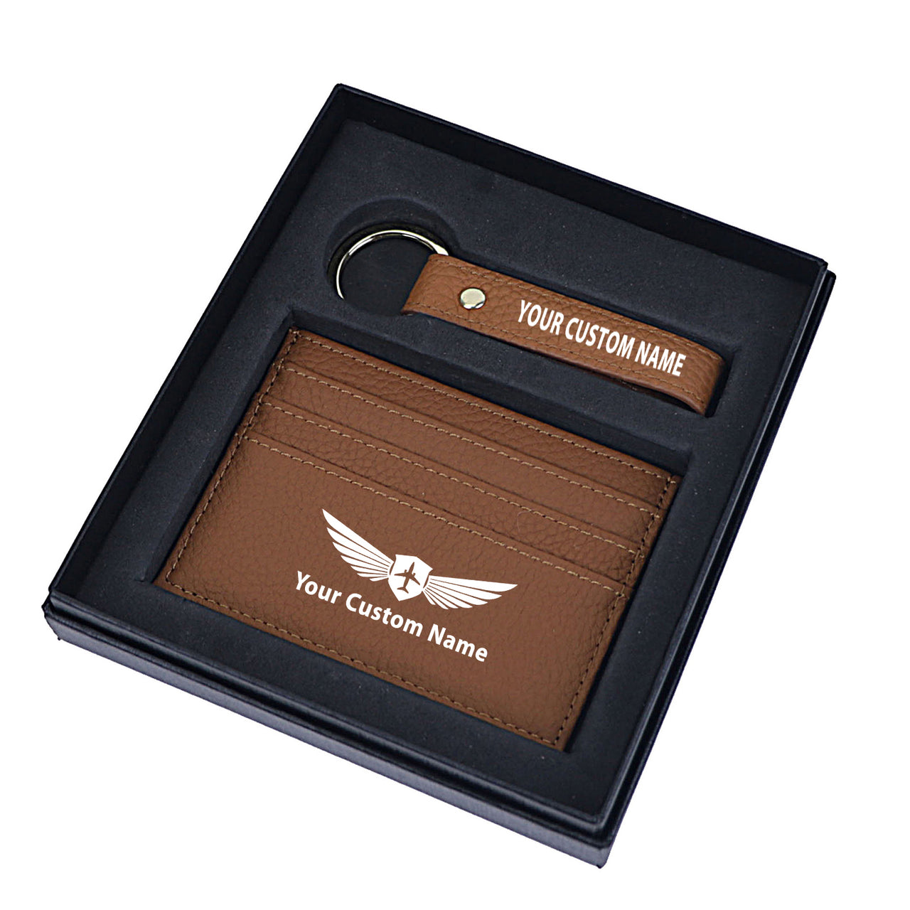 Your Custom Name/Text Genuine Leather Cardholder Key Ring Gift Box Set