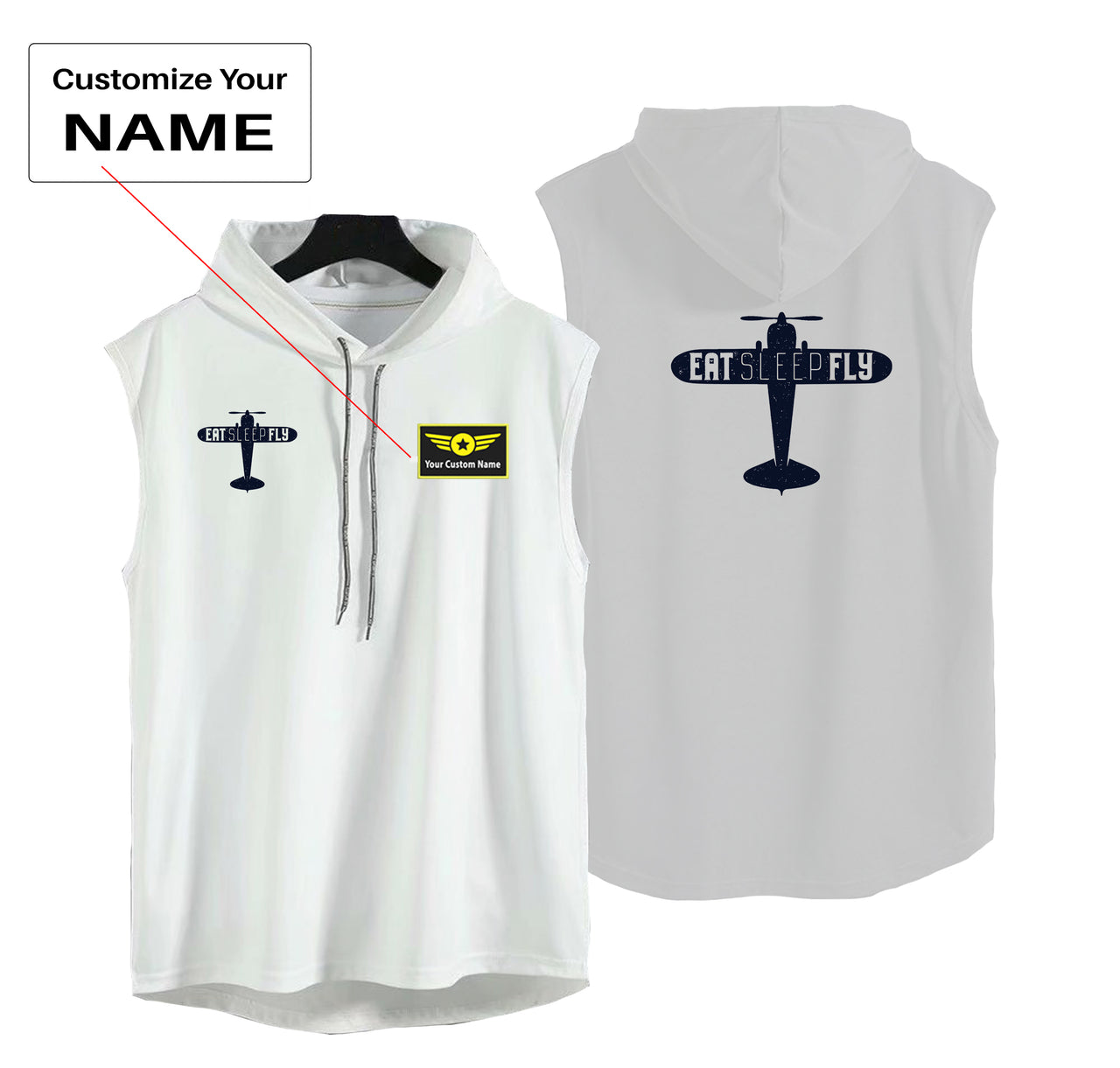 Eat Sleep Fly & Propeller Designed Hooded Tank Tops