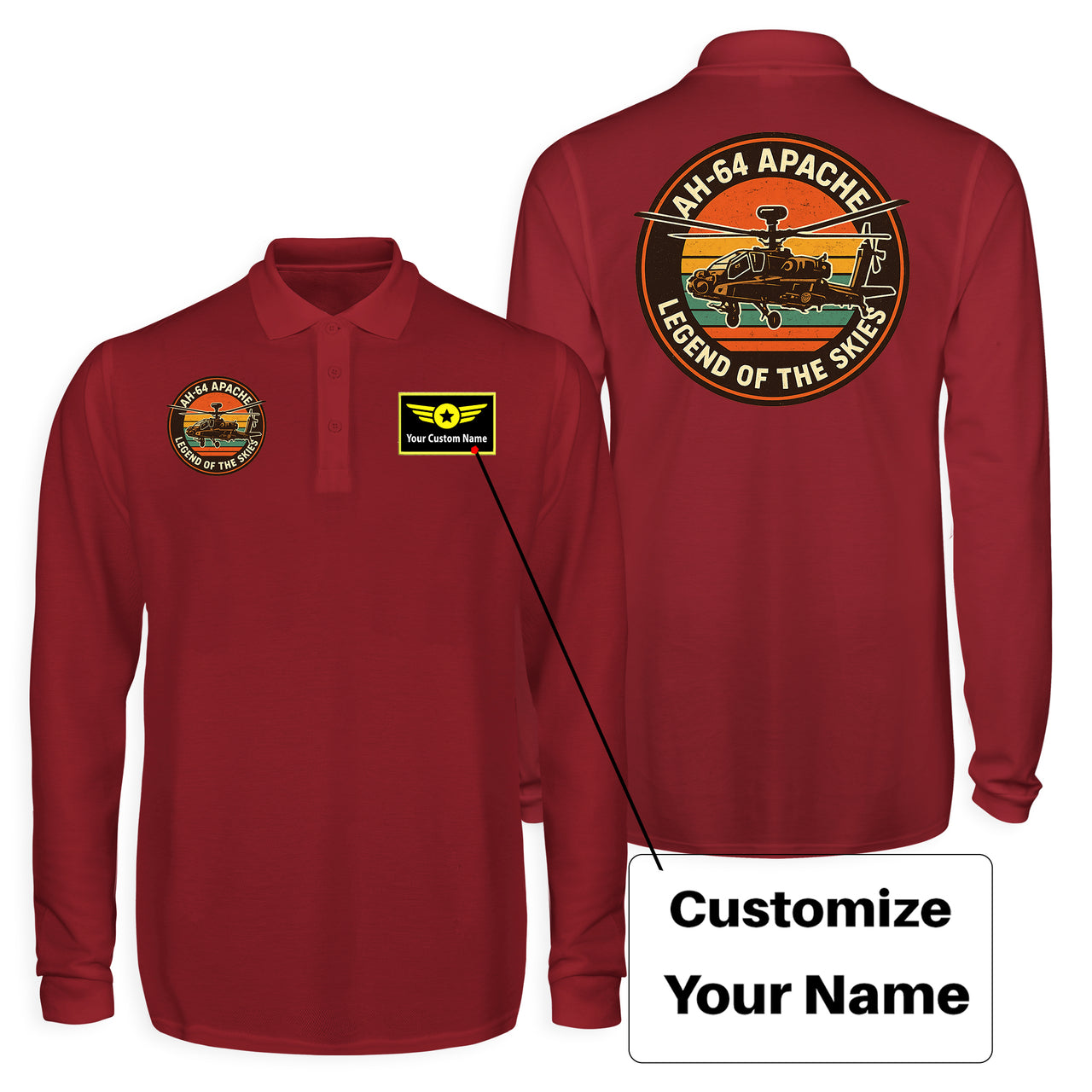 Retro Apache AH-64 Designed Long Sleeve Polo T-Shirts (Double-Side)