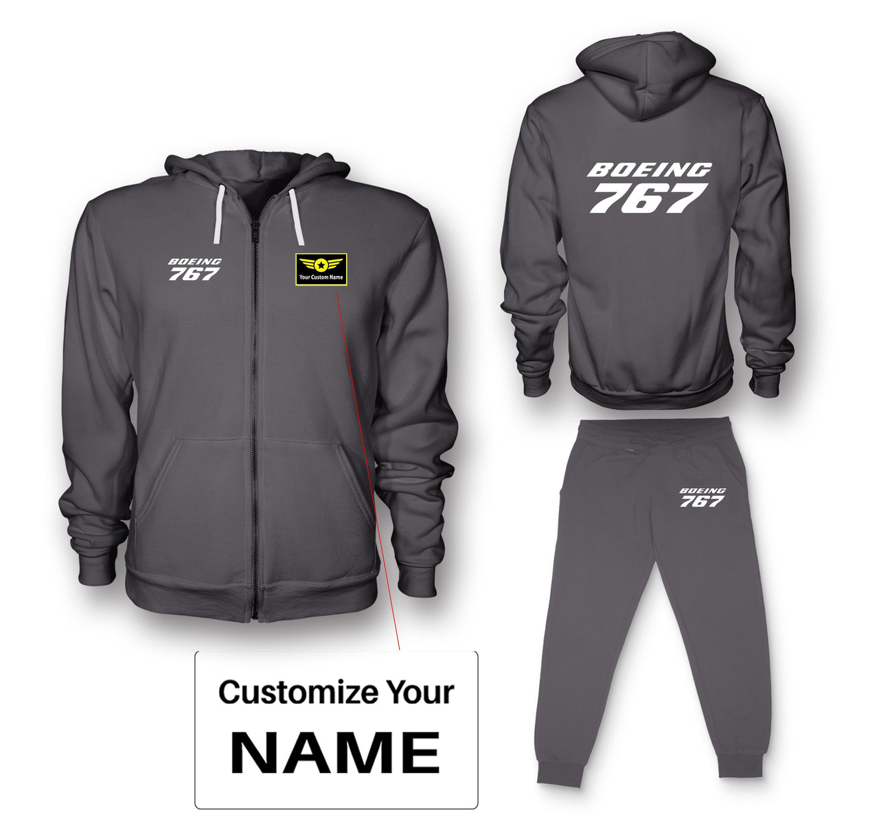 Boeing 767 & Text Designed Zipped Hoodies & Sweatpants Set