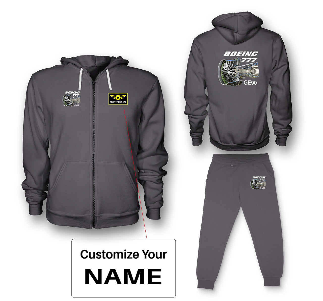 Boeing 777 & GE90 Engine Designed Zipped Hoodies & Sweatpants Set
