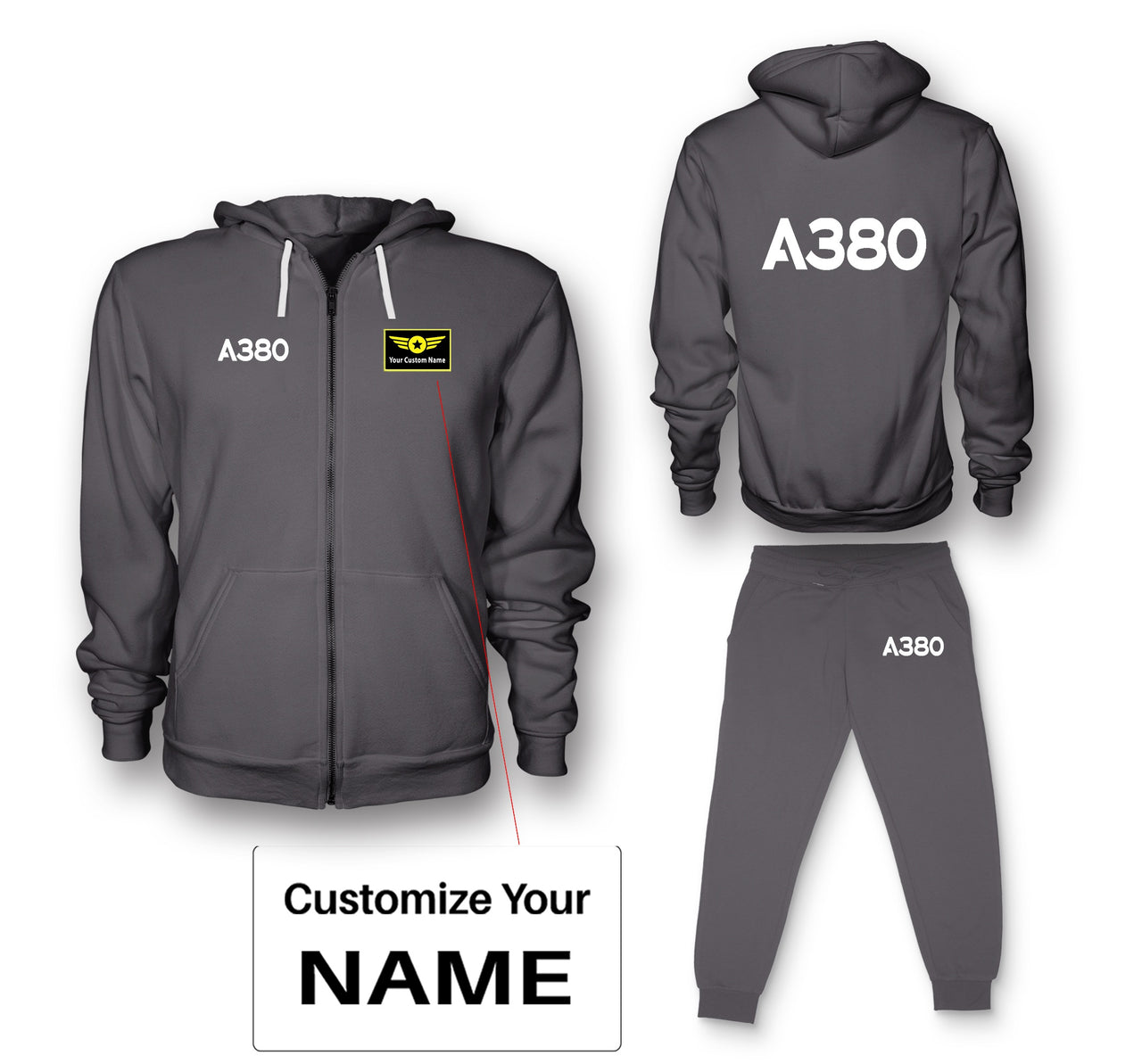 A380 Flat Text Designed Zipped Hoodies & Sweatpants Set