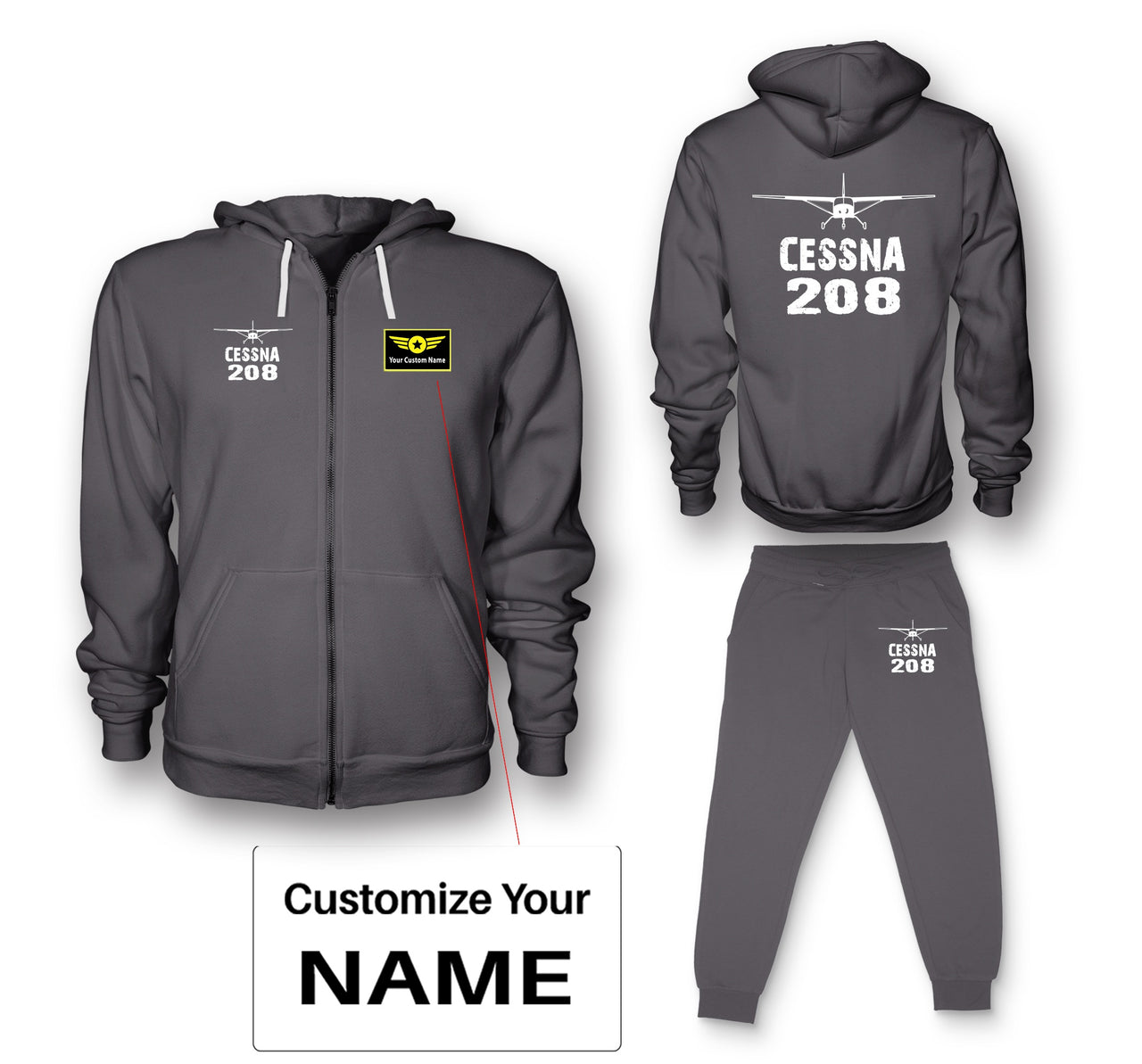 Cessna 208 & Plane Designed Zipped Hoodies & Sweatpants Set