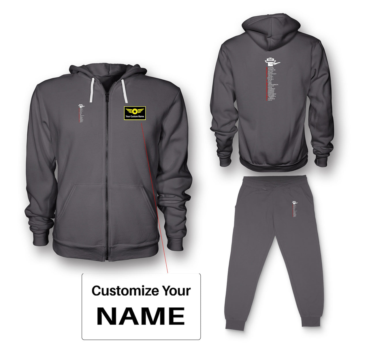Aviation Alphabet Designed Zipped Hoodies & Sweatpants Set