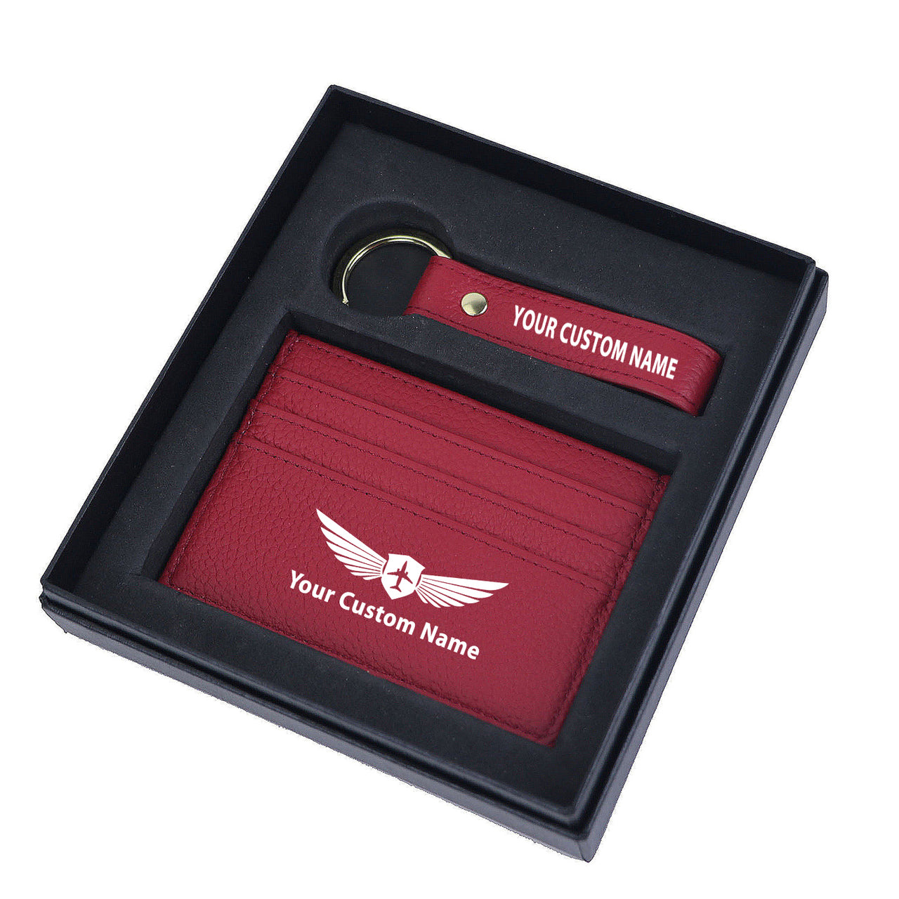 Your Custom Name/Text Genuine Leather Cardholder Key Ring Gift Box Set