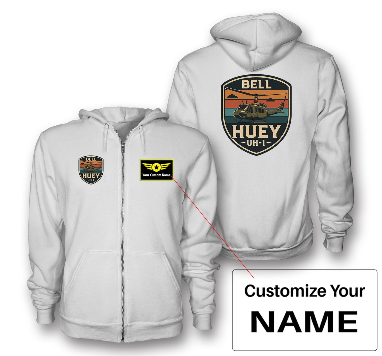 Retro BELL HUEY UH-1 Designed Zipped Hoodies