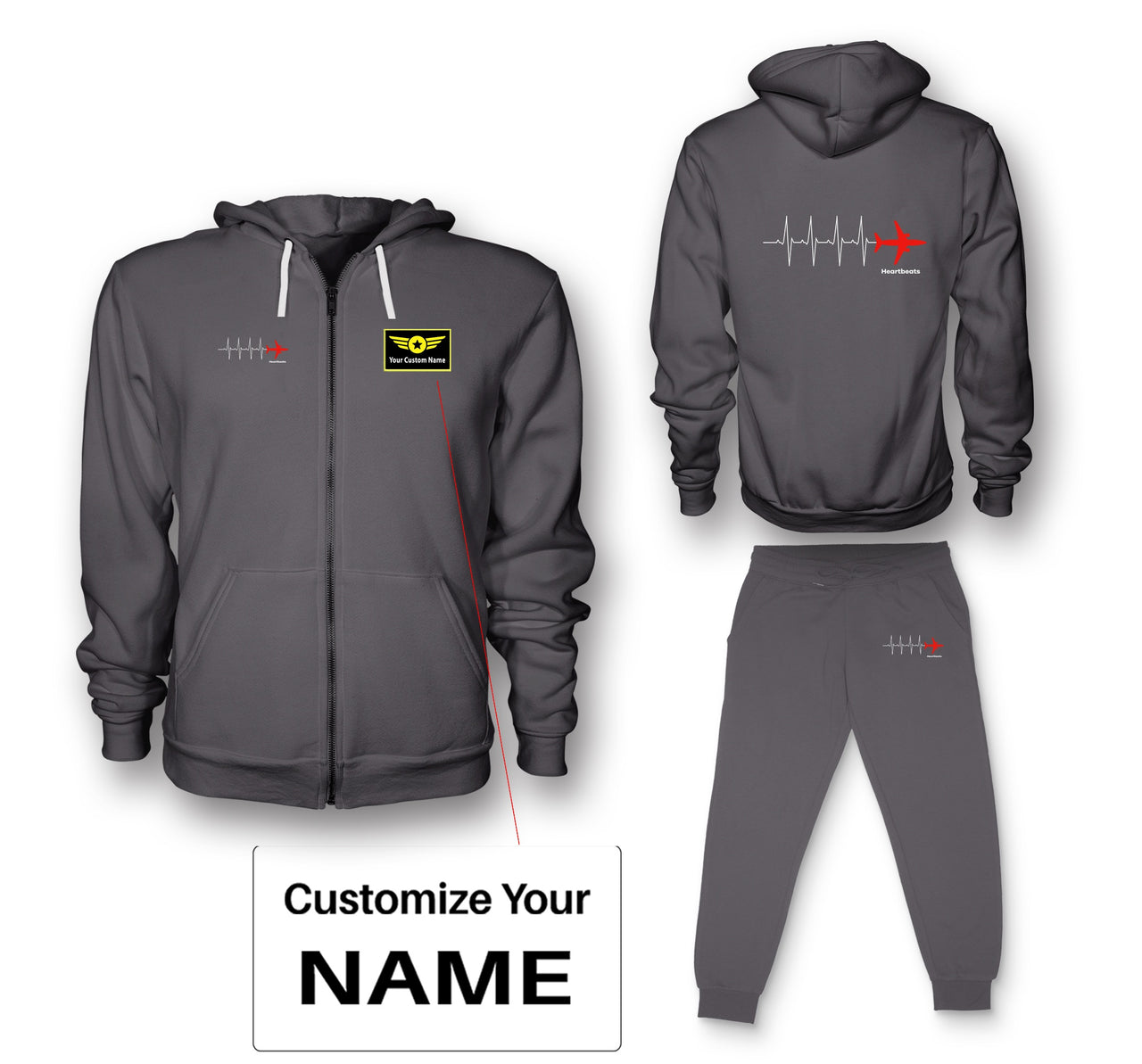 Aviation Heartbeats Designed Zipped Hoodies & Sweatpants Set
