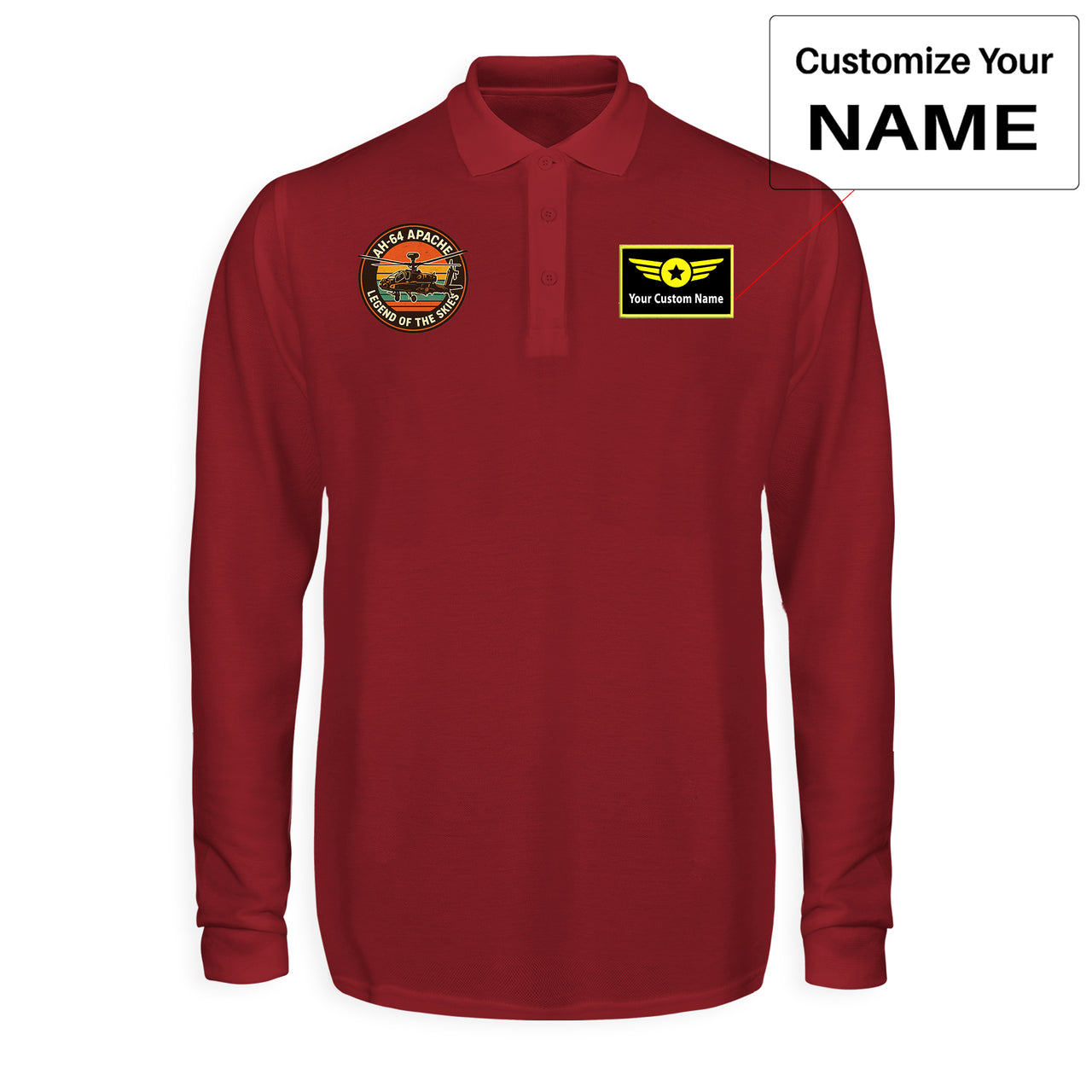 Retro Apache AH-64 Designed Long Sleeve Polo T-Shirts