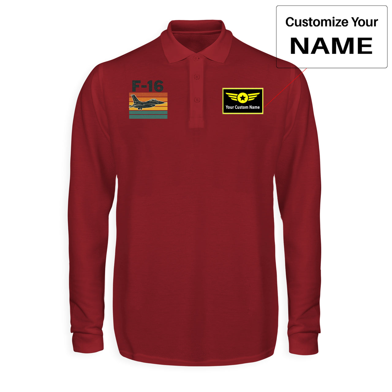 Retro Fighter Jet F16 Designed Long Sleeve Polo T-Shirts