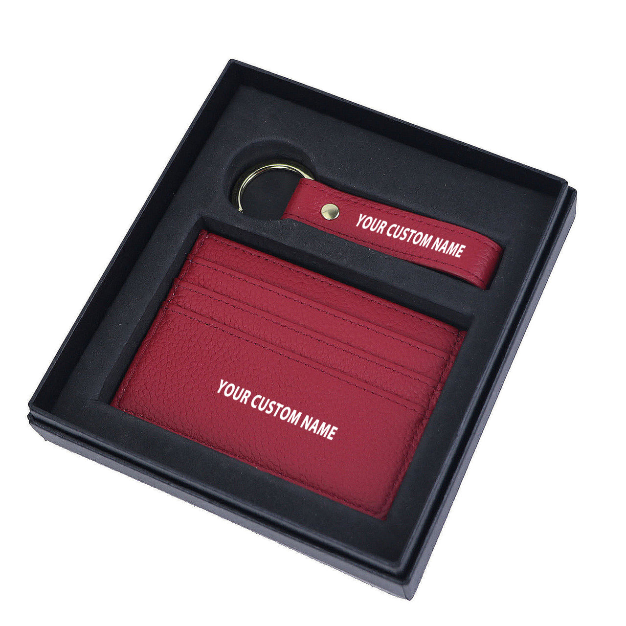 Your Custom Name Genuine Leather Cardholder Key Ring Gift Box Set