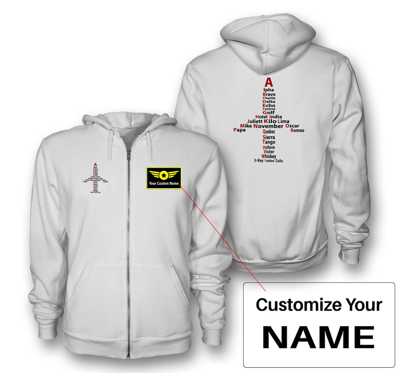 Airplane Shape Aviation Alphabet Designed Zipped Hoodies