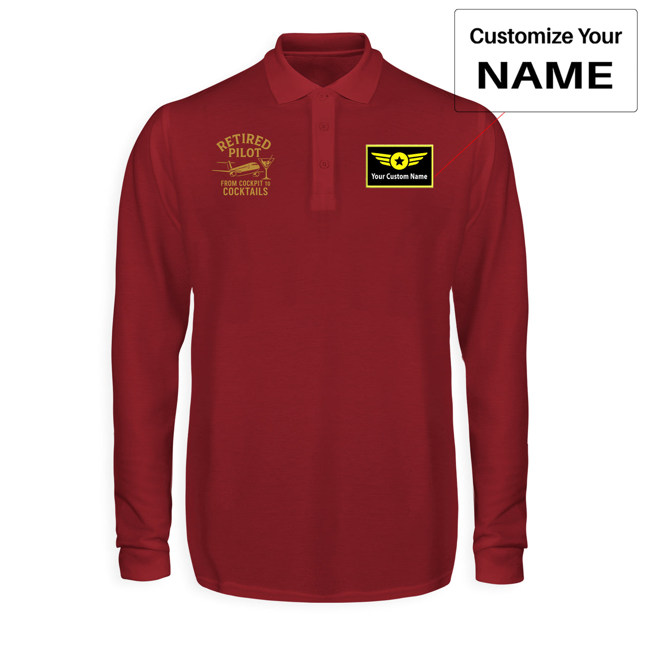 Retired Pilot & Coctails Designed Long Sleeve Polo T-Shirts