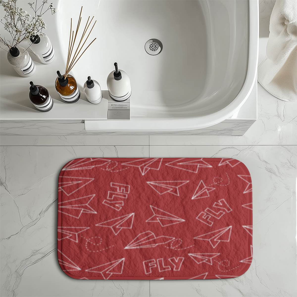 Paper Airplane & Fly-Red Designed Bath Mats