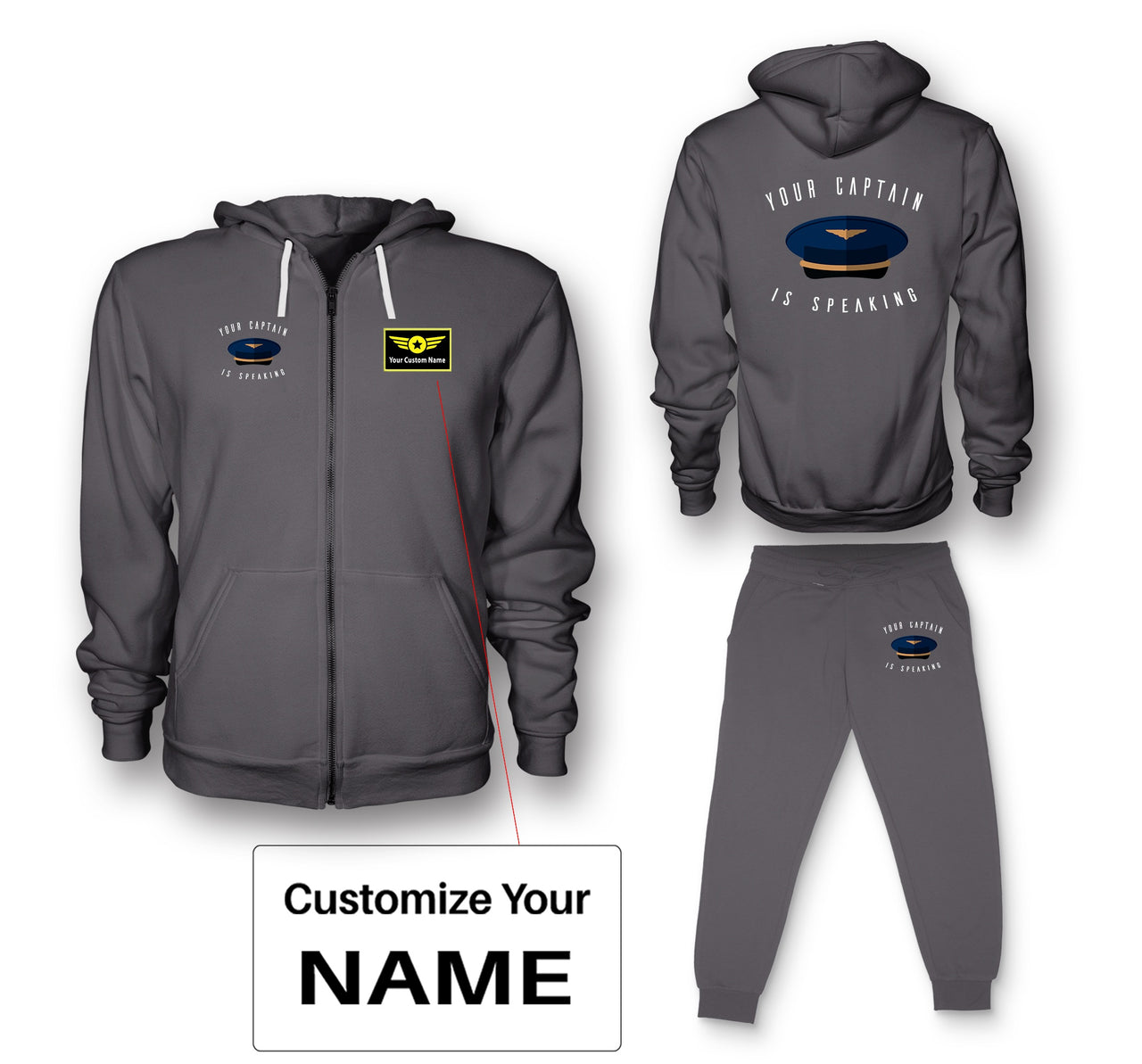 Your Captain Is Speaking Designed Zipped Hoodies & Sweatpants Set
