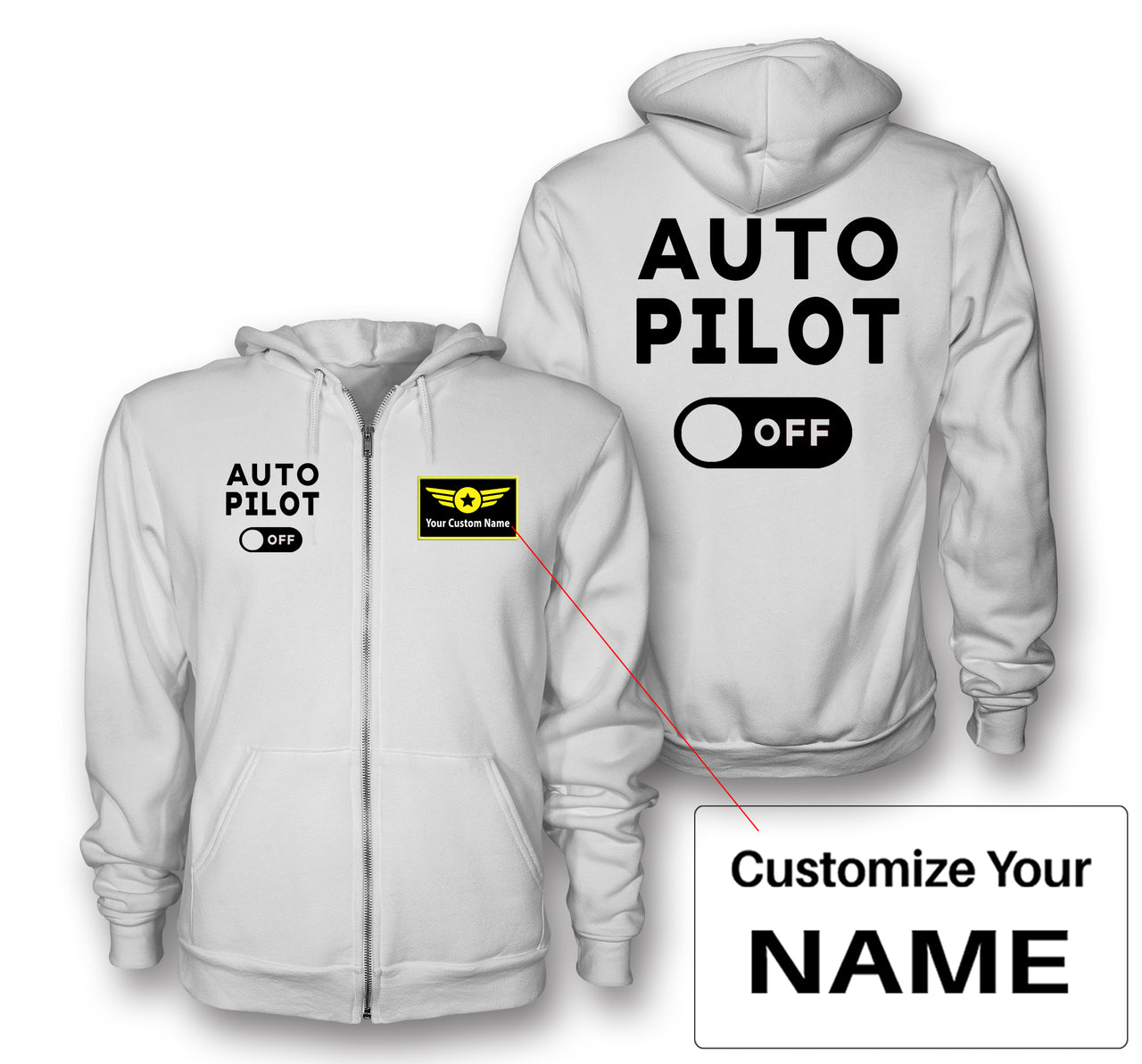 Auto Pilot Off Designed Zipped Hoodies