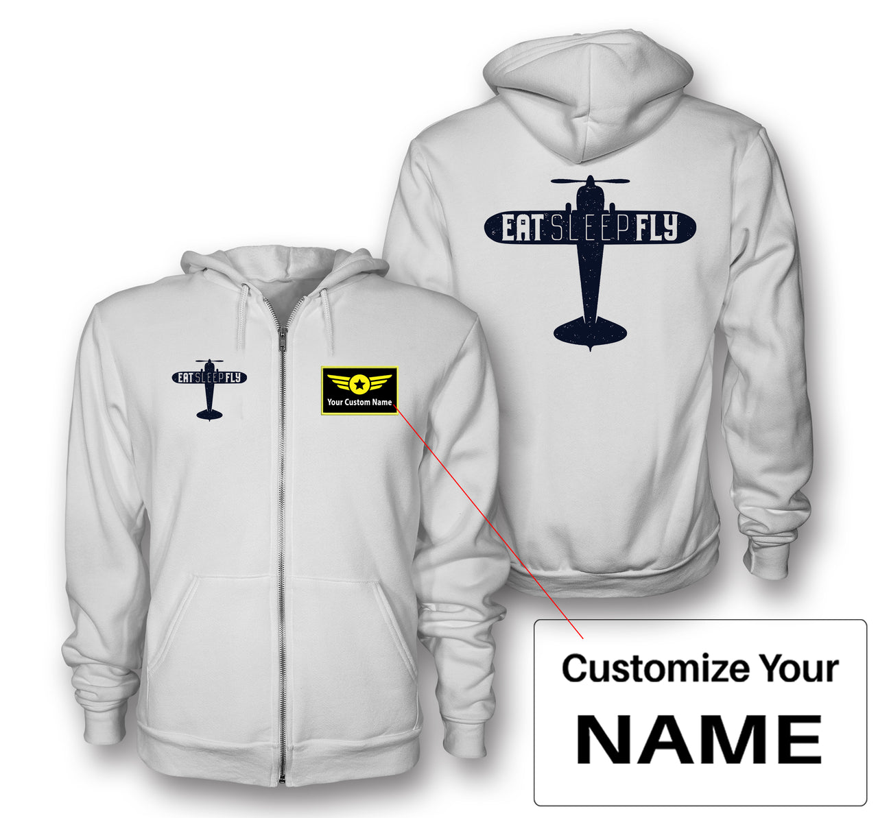 Eat Sleep Fly & Propeller Designed Zipped Hoodies