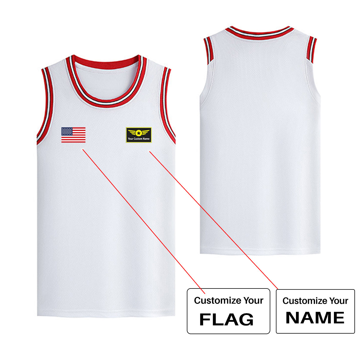 Custom Flag & Name with Special Badge Designed Basketball Style Sports Tank Tops