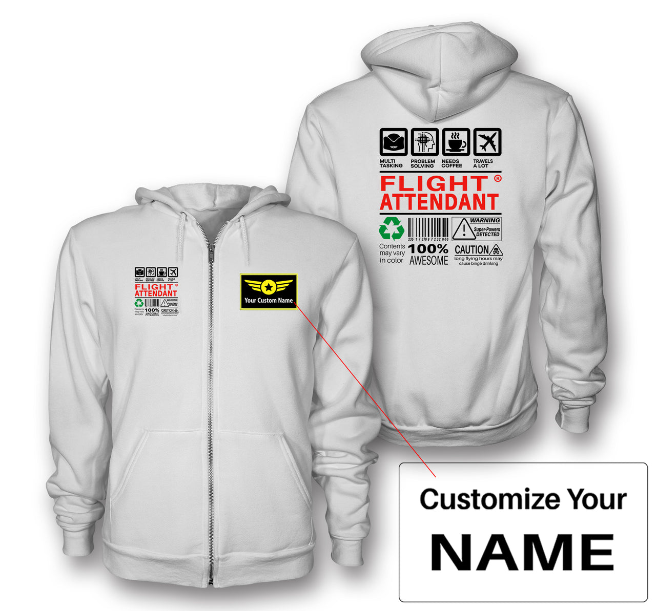Flight Attendant Label Designed Zipped Hoodies