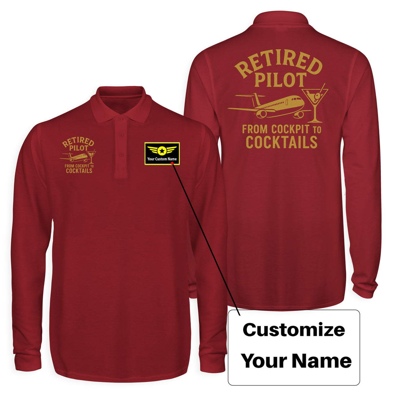 Retired Pilot & Coctails Designed Long Sleeve Polo T-Shirts (Double-Side)