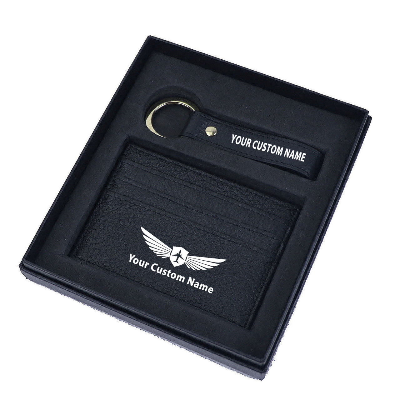 Your Custom Name/Text Genuine Leather Cardholder Key Ring Gift Box Set