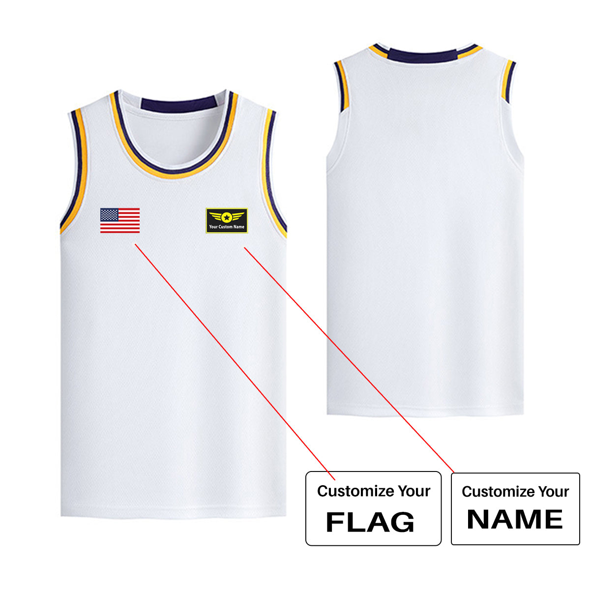 Custom Flag & Name with Special Badge Designed Basketball Style Sports Tank Tops