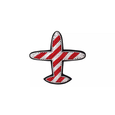 Side view of Colourful Airplanes Shaped Red Embroidery aviation brooch in polished alloy, polished finish.