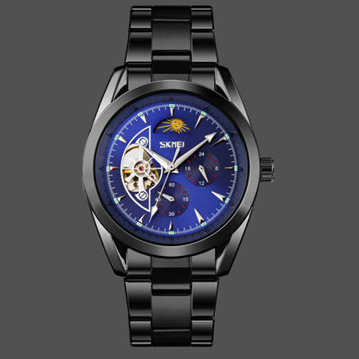 Fully Automatic Mechanical Moon Phase Hollow Bottom Waterproof Watch in black blue