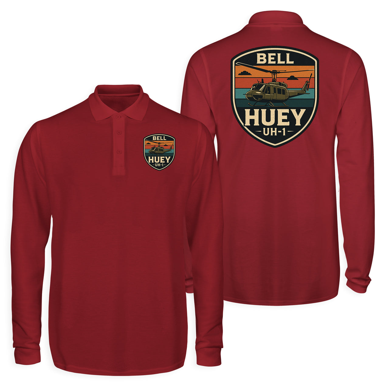 Retro BELL HUEY UH-1 Designed Long Sleeve Polo T-Shirts (Double-Side)