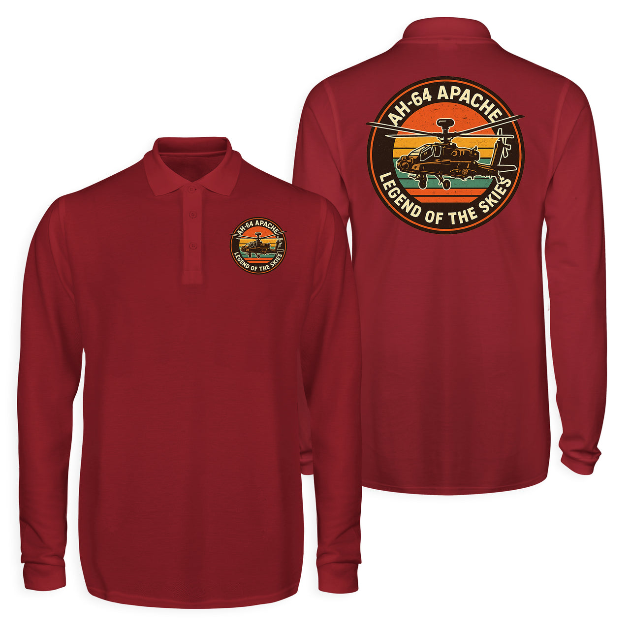 Retro Apache AH-64 Designed Long Sleeve Polo T-Shirts (Double-Side)
