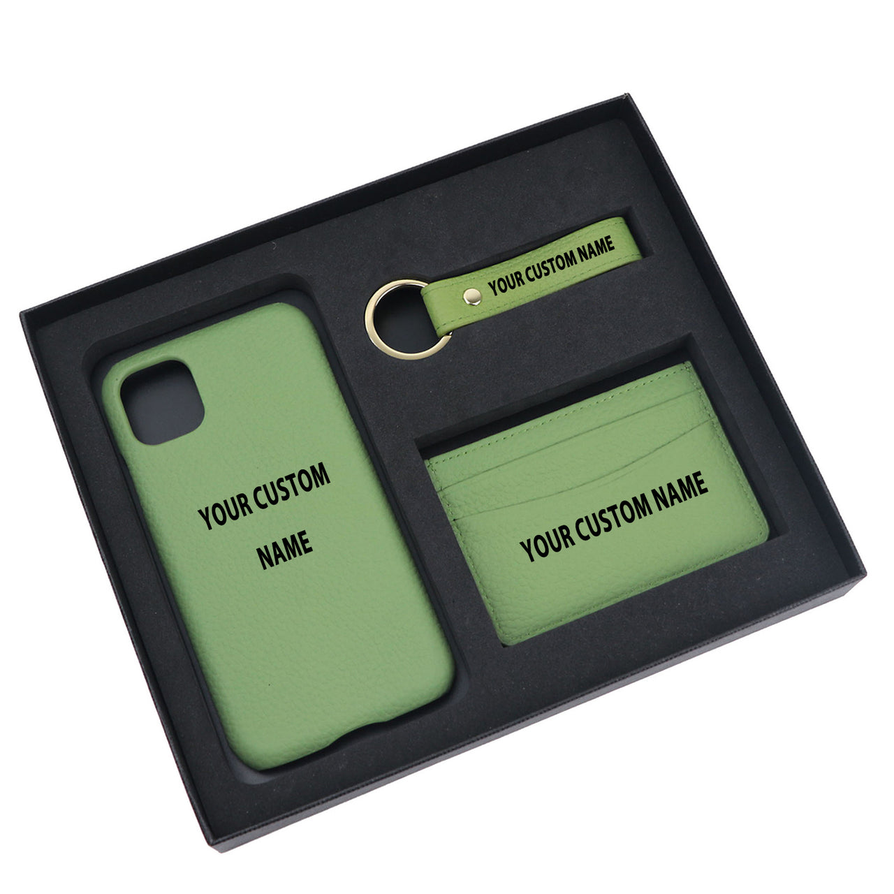 Your Custom Name Design Pebble Leather Phone Case For iPhone Keychain Card Holder Business Gift Set