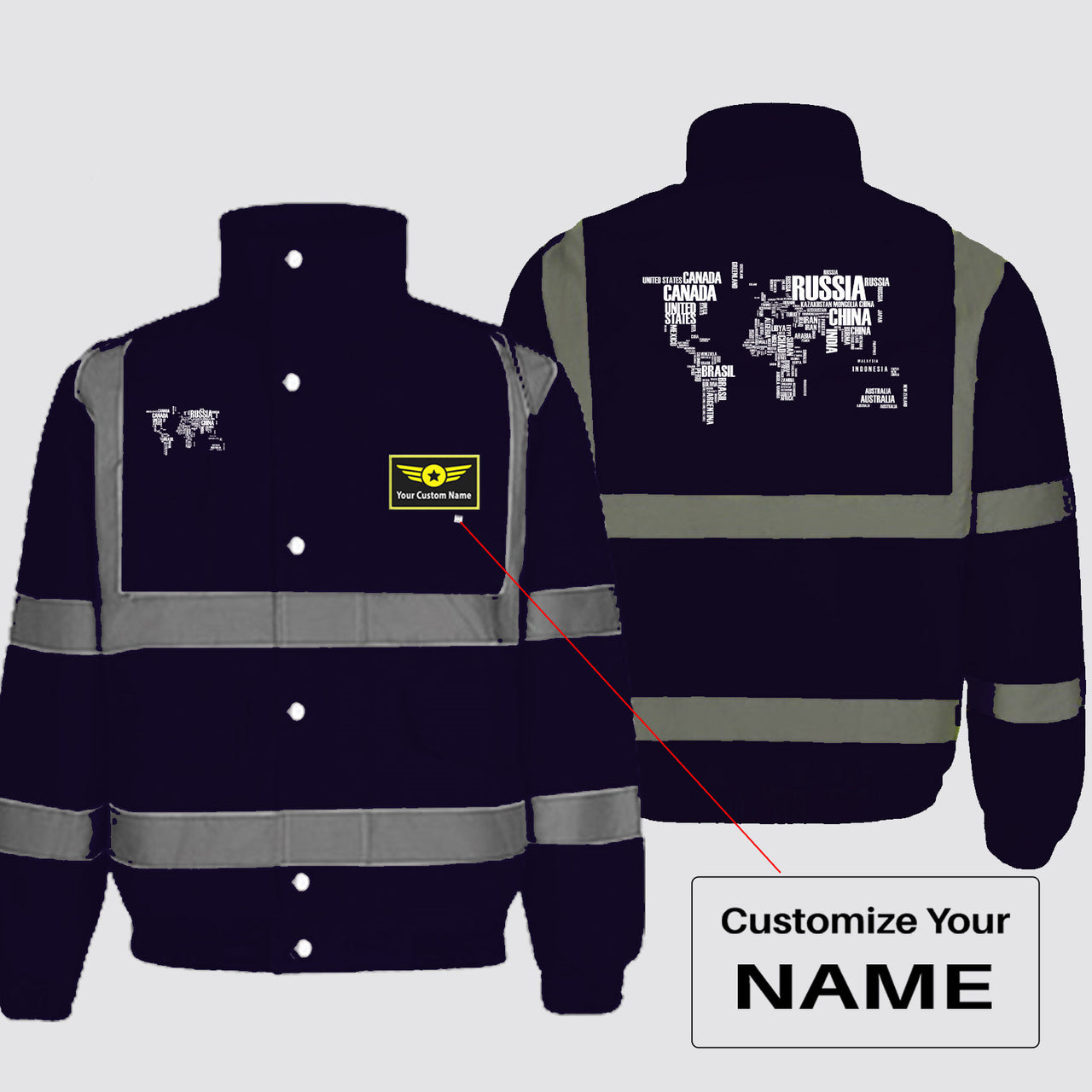 World Map (Text) Designed Reflective Winter Jackets