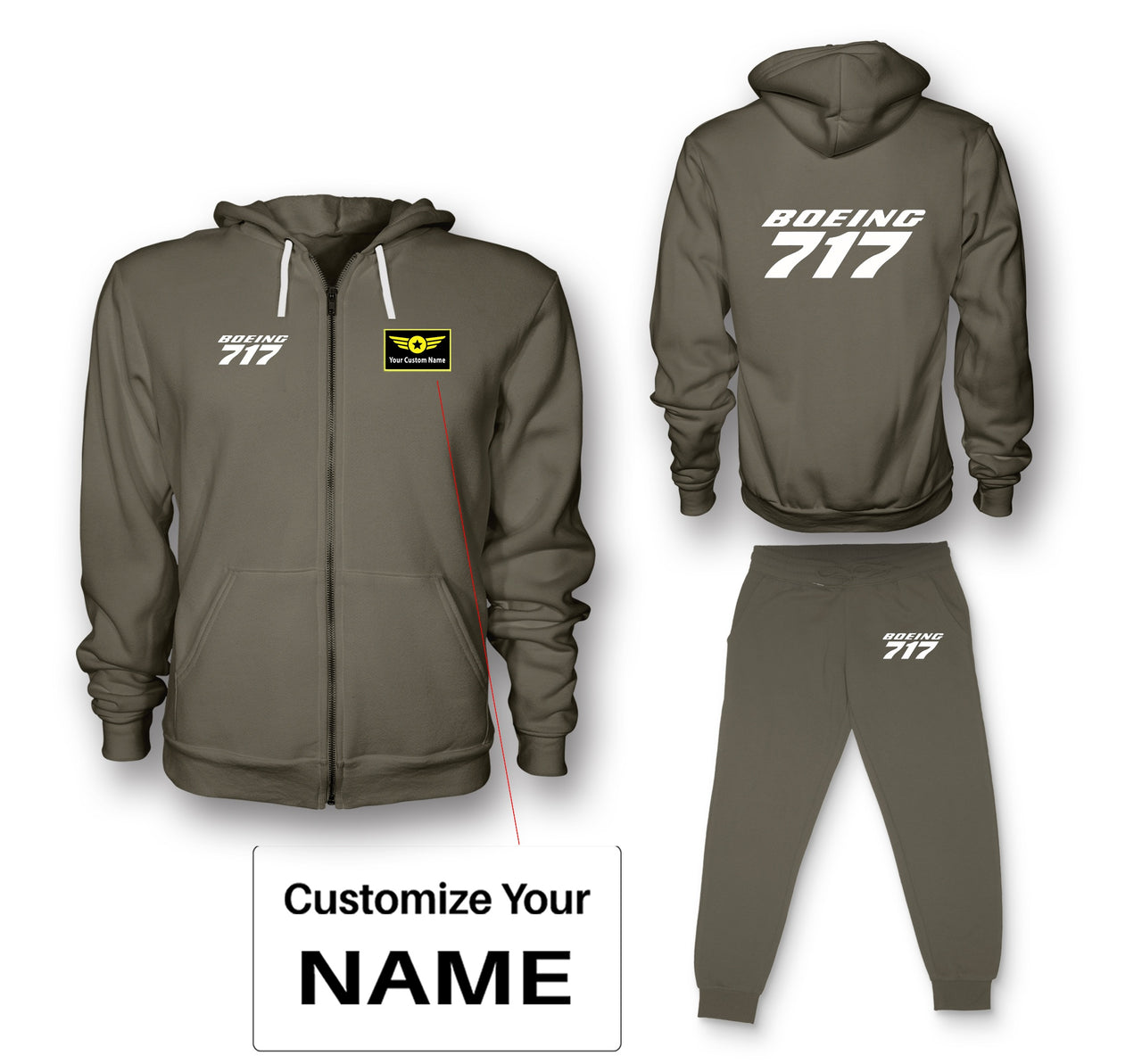 Boeing 717 & Text Designed Zipped Hoodies & Sweatpants Set