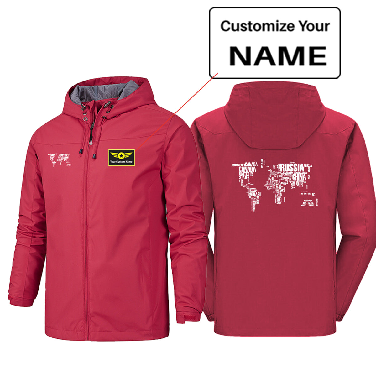 World Map (Text) Designed Rain Jackets & Windbreakers