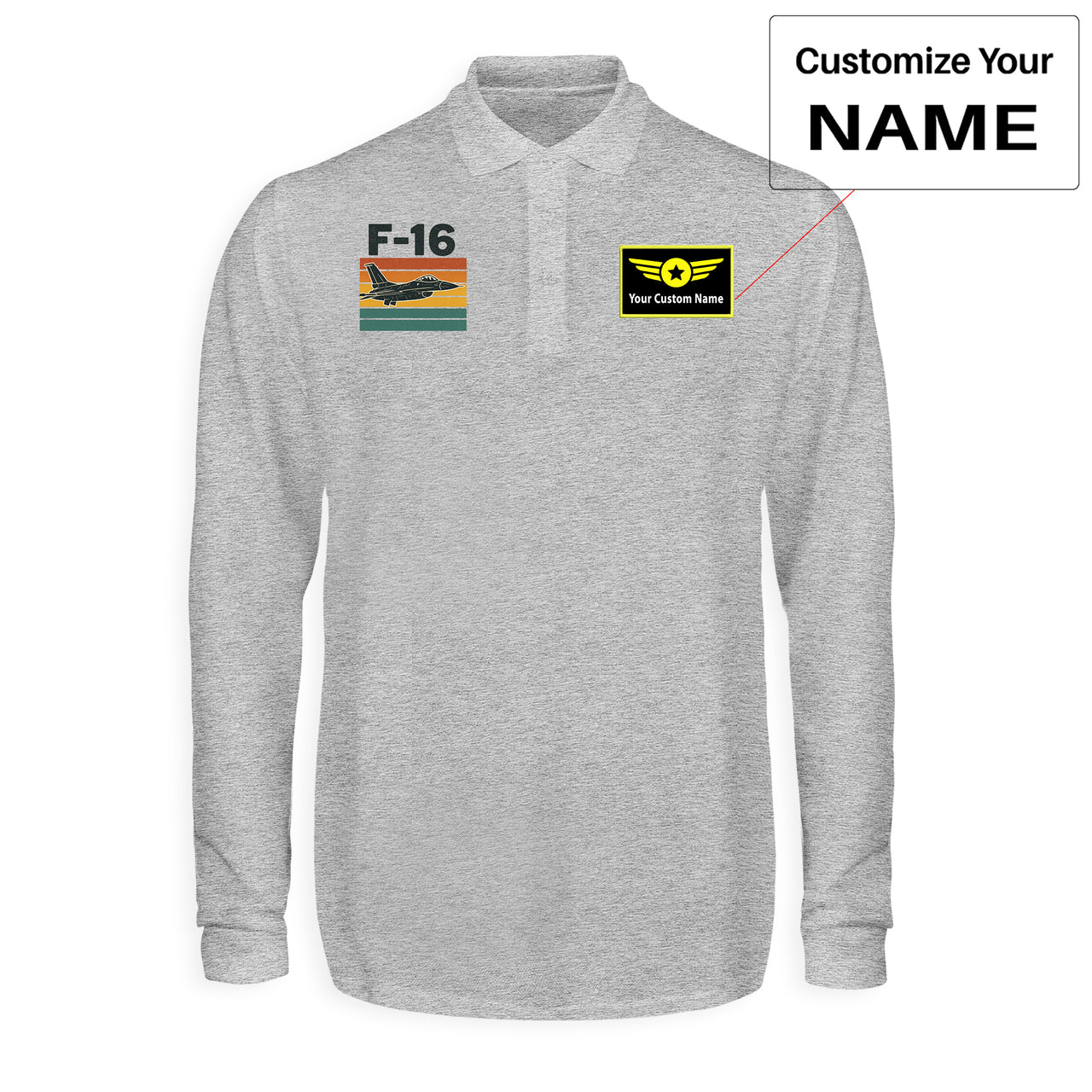 Retro Fighter Jet F16 Designed Long Sleeve Polo T-Shirts