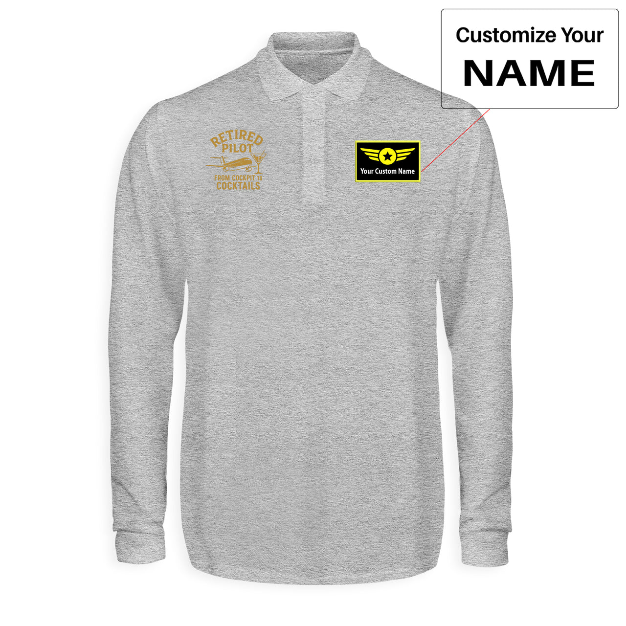 Retired Pilot & Coctails Designed Long Sleeve Polo T-Shirts